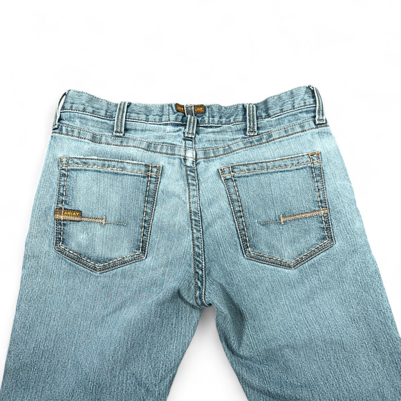 Ariat Jeans Mens 33x33 Blue Rebar M4 Bootcut Distressed Low Rise Stretch Light - Picture 8 of 10